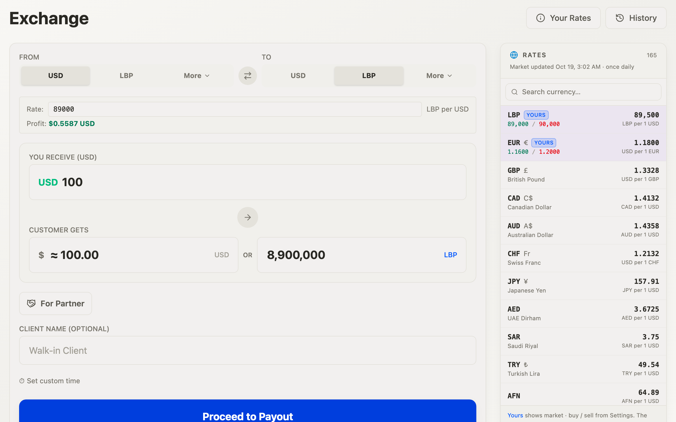 Exchange screen: the customer hands $100 and gets 8,900,000 LBP