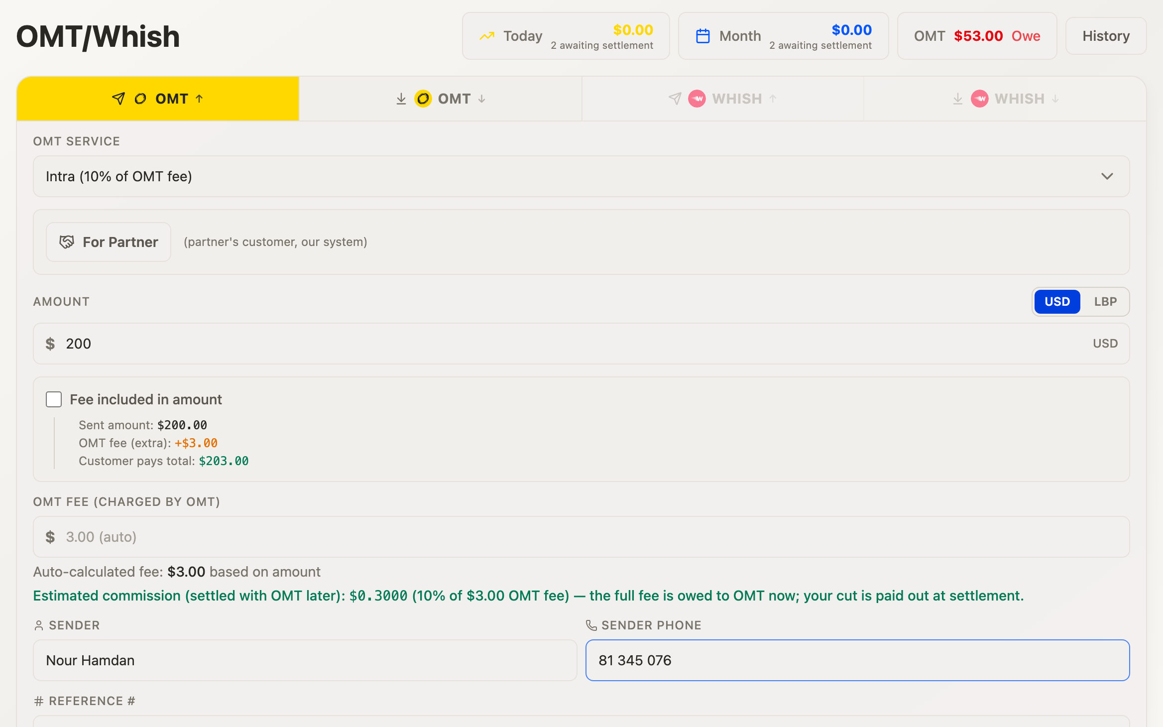 OMT send screen: a $200 transfer with the $3.00 fee worked out